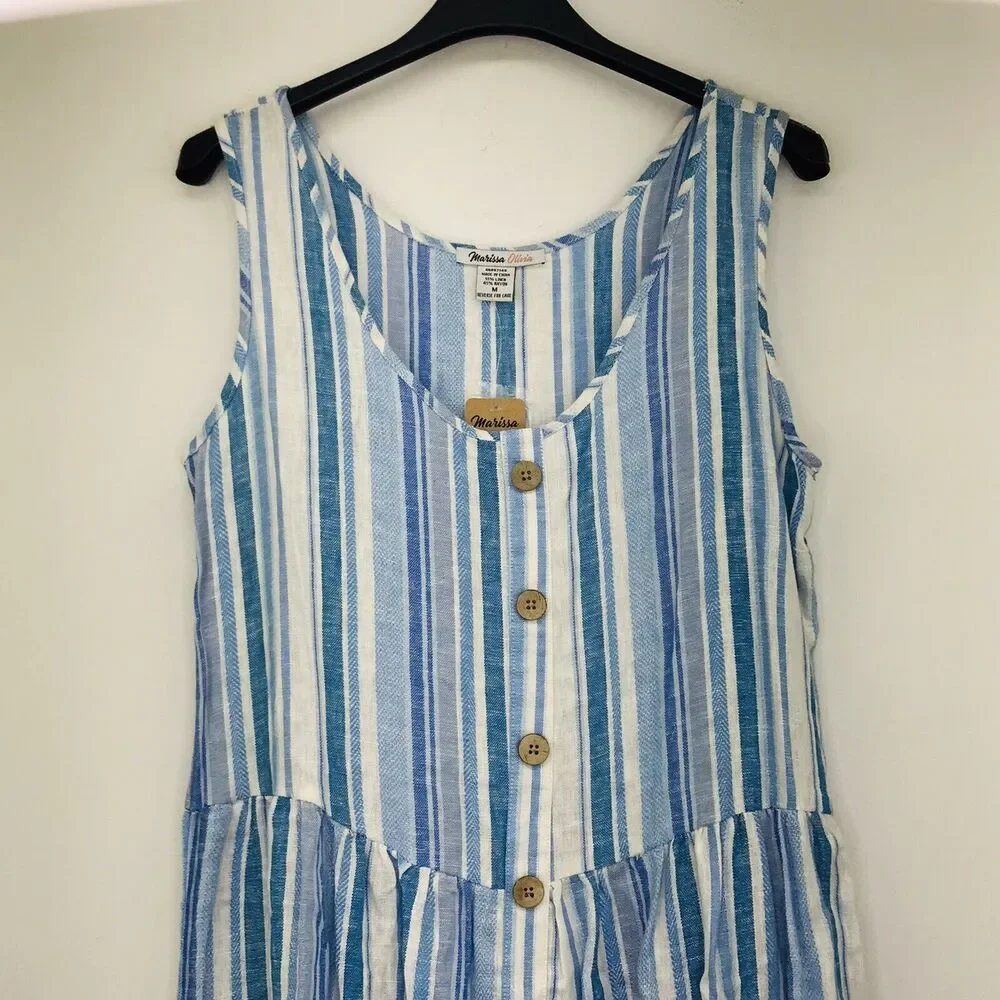 Marissa Olivia Women M Dress Babydoll Faux Button Up Stripes Blue NWT Flaw CL7